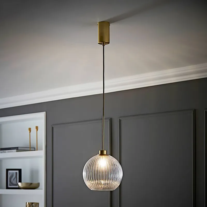 ValueLights Maddison Clear Ribbed Glass Shade Brushed Gold Ceiling Pendant Light Clear