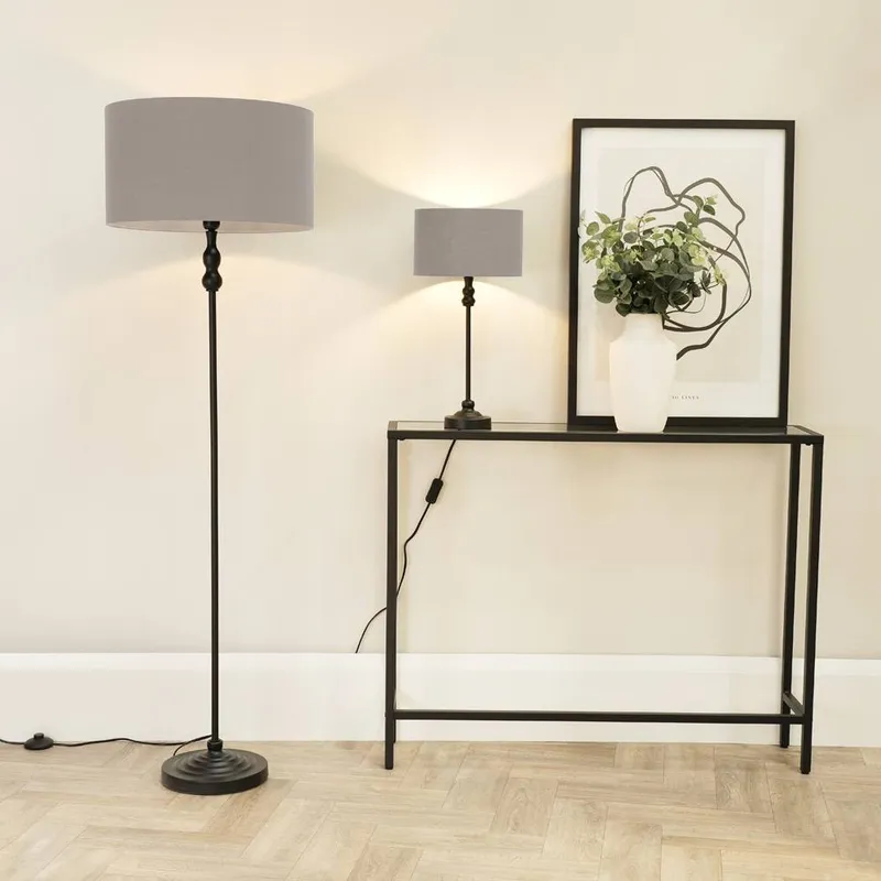 ValueLights Maggie Black Metal Candlestick Floor Lamp with Fabric Lamp Shade in Grey Grey