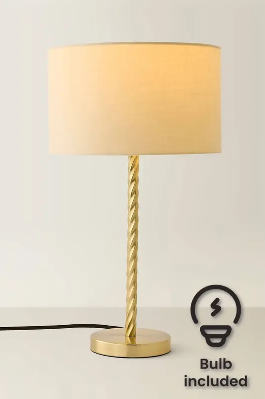 ValueLights Maura Natural Lamp Shade Brushed Gold Twist Table Lamp & Bulb - Gold