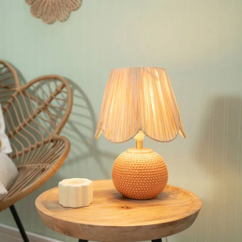 ValueLights Unisex Sebby Pair of Ceramic Globe Textured Table Lamps w/ Raffia Lamp Shades & Bulbs in Orange Orange One Size female