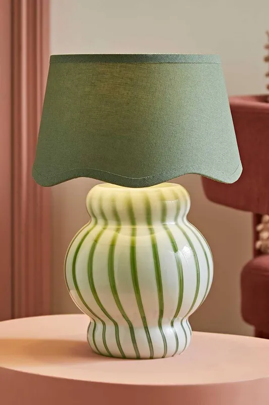 ValueLights Taffy Stripe Green Glass Table Lamp with Sage Scalloped Lamp Shade in Pale Green Pale Green