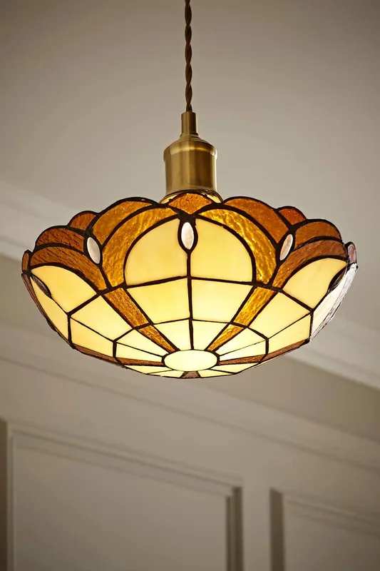 ValueLights Tiffany Pair of Amber Gold Stained Glass Ceiling Pendant Lamp Shades - Amber