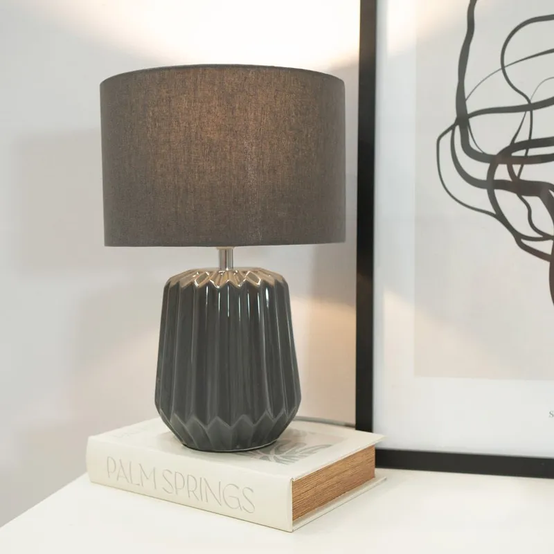 ValueLights Zak Pleated Textured Ceramic Table Lamp with matching Fabric Lamp Shade in Grey Grey