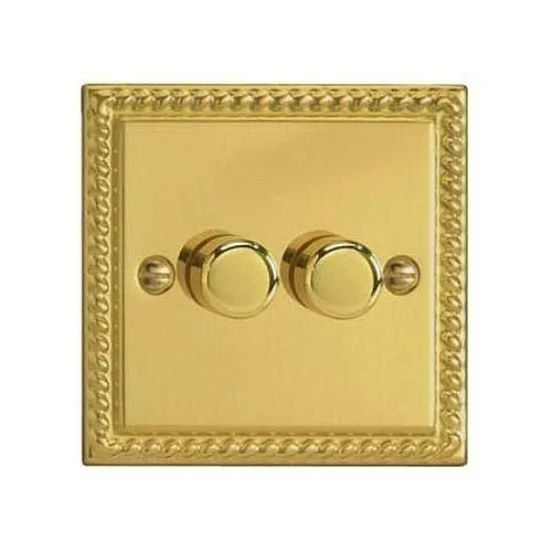 Varilight JGP252 Classic V-Pro Georgian Brass 2-Gang LED Trailing Edge Dimmer Switch 1 or 2 Way, White in Yellow Yellow