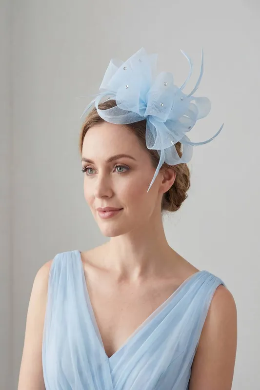 Vellin Women's Embellished Diamond Mesh Bow Fascinator in Baby Blue - Baby Blue