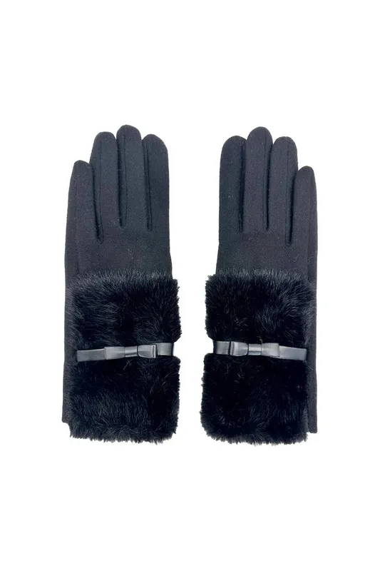 Vellin Women's Faux Fur Cuff Bow Touchscreen Gloves in Black Black