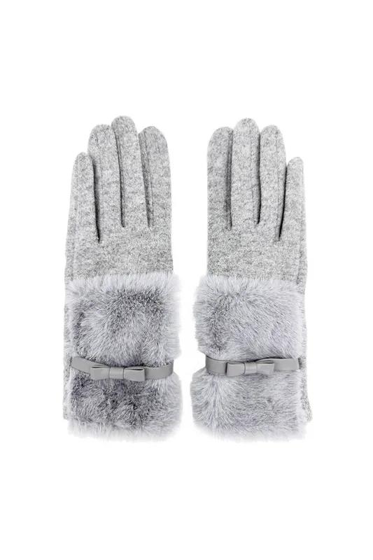 Vellin Women's Faux Fur Cuff Bow Touchscreen Gloves in Grey - Grey