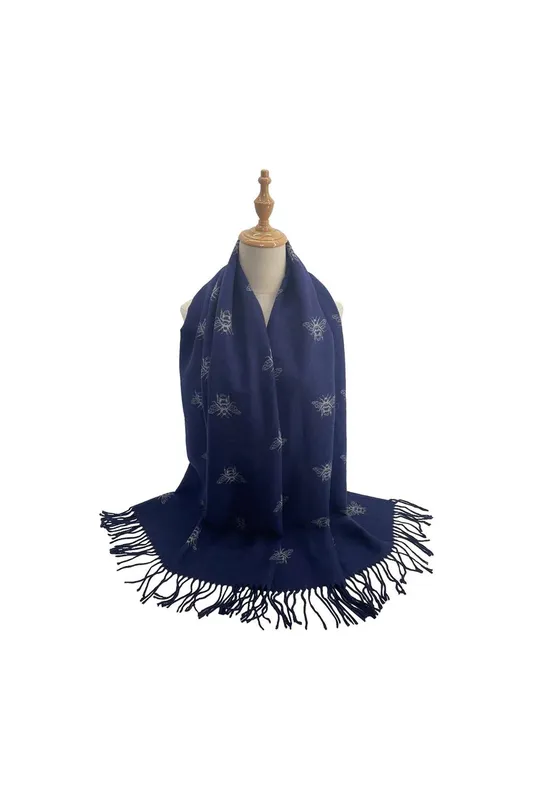 Vellin Women's Reversible Bee Print Wool Mix Scarf in Navy - Navy