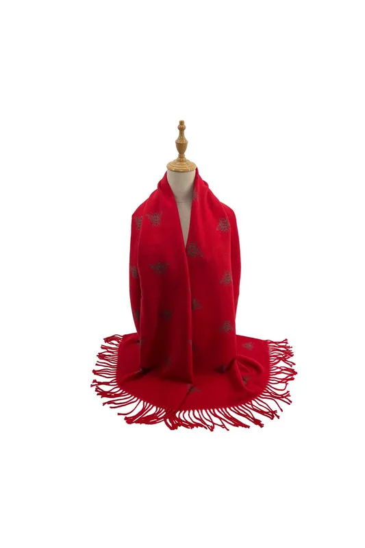 Vellin Women's Reversible Bee Print Wool Mix Scarf in Red Red