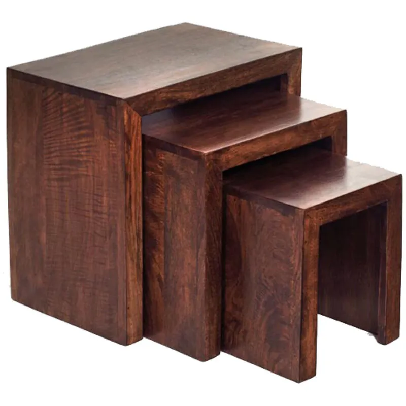 Indian Hub Toko Dark Mango Nest of 3 Tables - Solid Mango Wood - L30xW46xH46 cm in Brown Brown