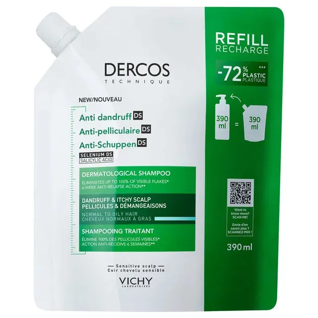 Vichy Dercos Shampoo - 390ml Refill Pouch - Anti-Dandruff Dermatological Shampoo For Dry Hair - Face The Future