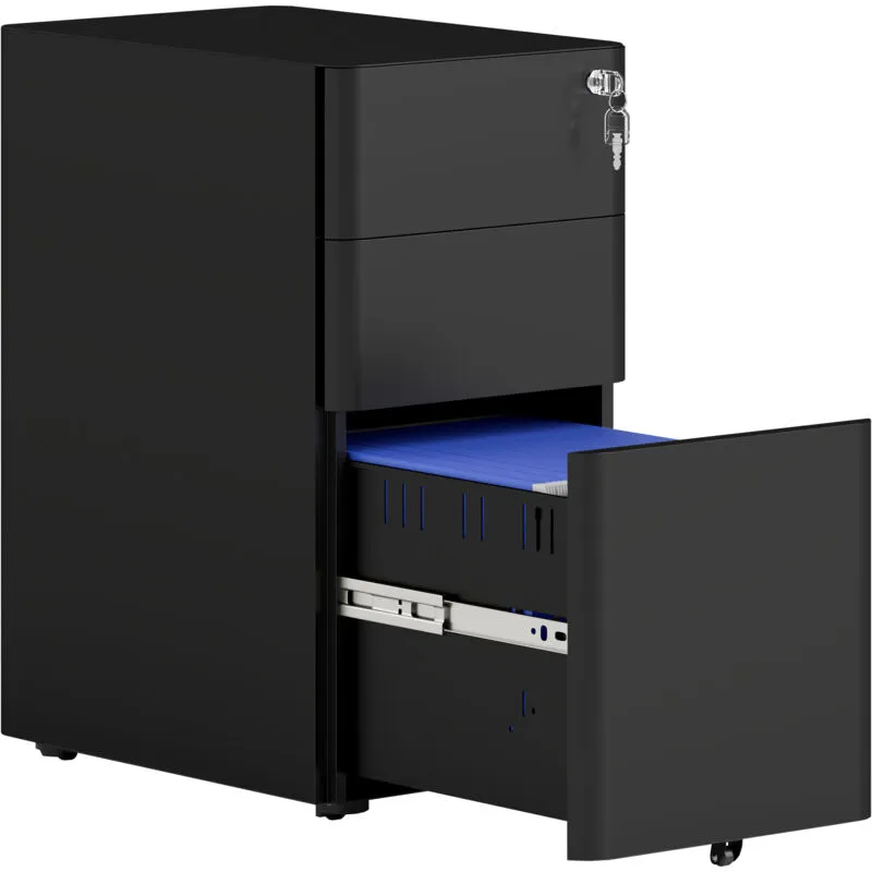 Steel Filing Cabinet with Lock and Wheels for Home Office, Black - Vinsetto