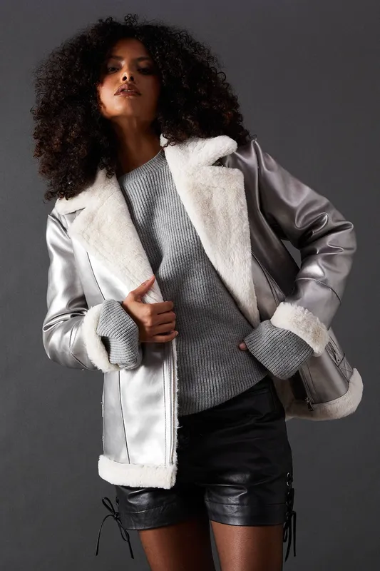 Warehouse Women's Metallic Aviator Jacket in Metallic Silver Size: 6 Metallic Silver 6 female