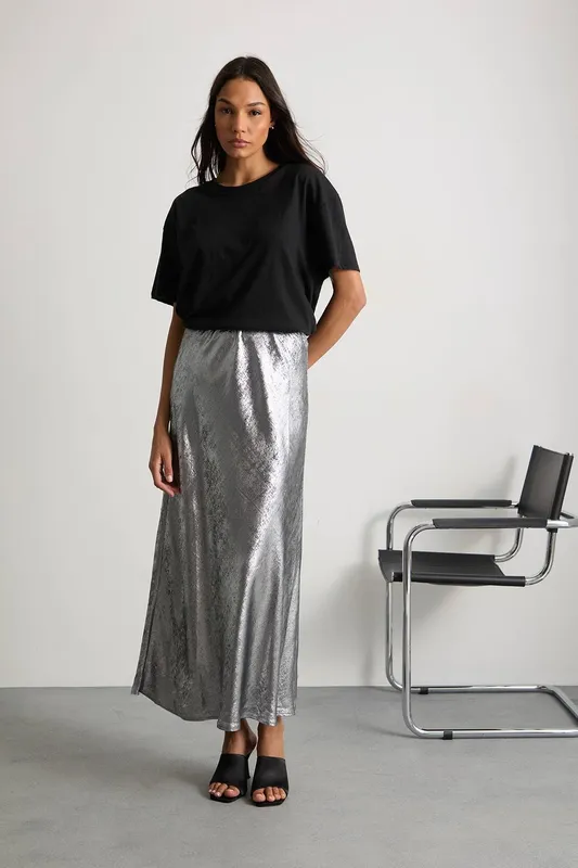 Warehouse Women's Metallic Bias Cut Maxi Skirt in Silver Size: 10 - Silver - Size: 10