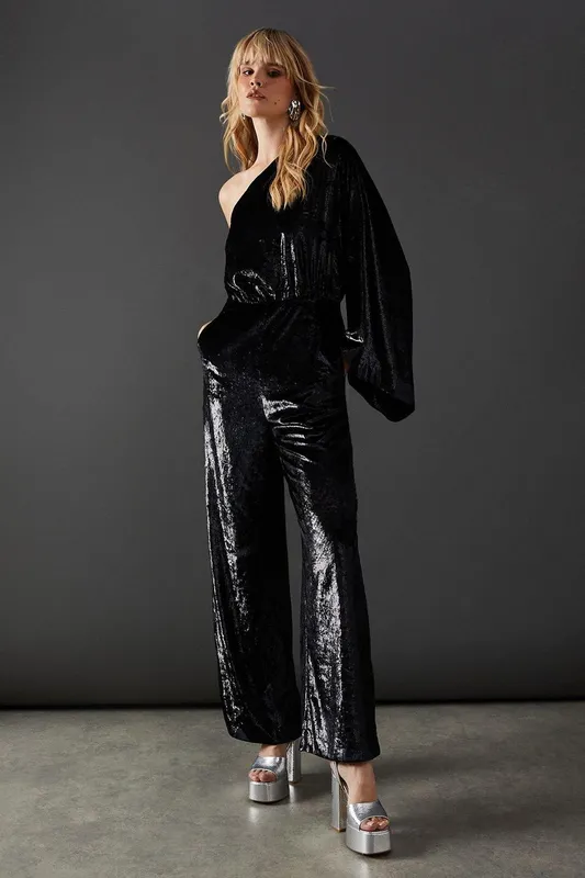 Warehouse Women's Metallic Texture One Shoulder Flared Sleeve Jumpsuit in Black Size: 8 Black 8