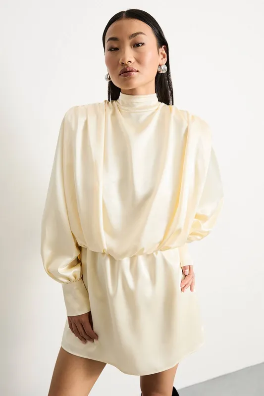 Warehouse Women's Petite Extreme Shoulder Draped Satin Mini Dress in Cream Size: 14 - Cream