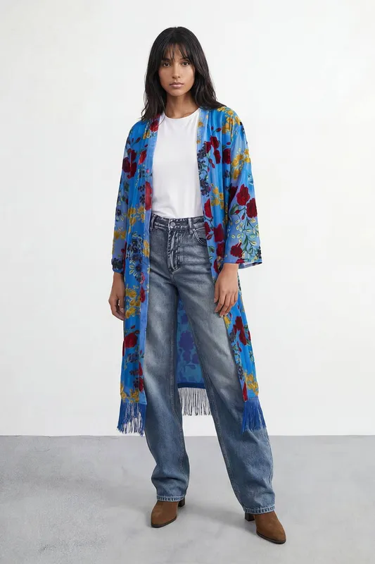 Warehouse Women's Petite Premium Burnout Fringe Hem Midi Kimono in Blue Size: Small Blue S