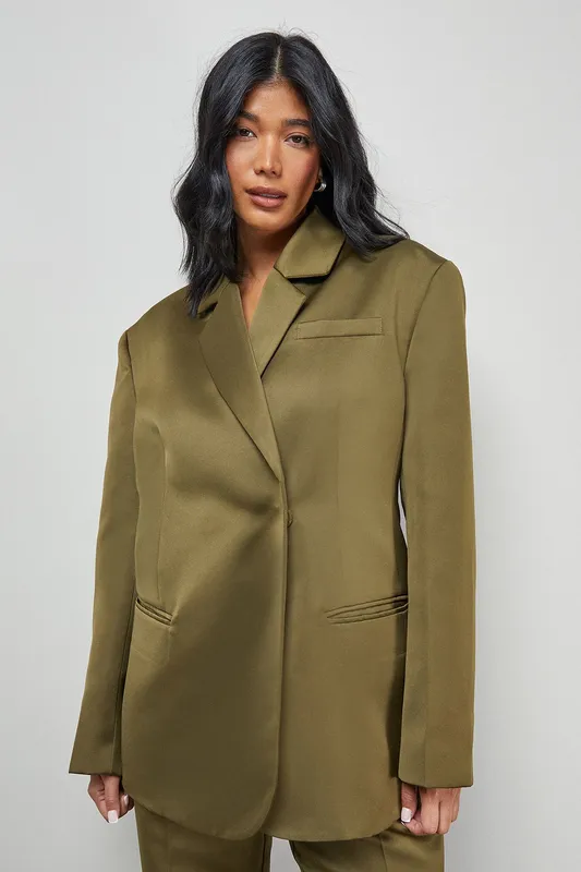 Warehouse Women's Premium Satin Oversized Blazer Co-ord in Olive Size: 10 Olive 10