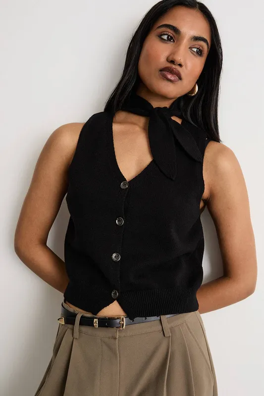 Warehouse Women's Tie Neck Knitted Vest in Black Size: Small - Black - Size: S