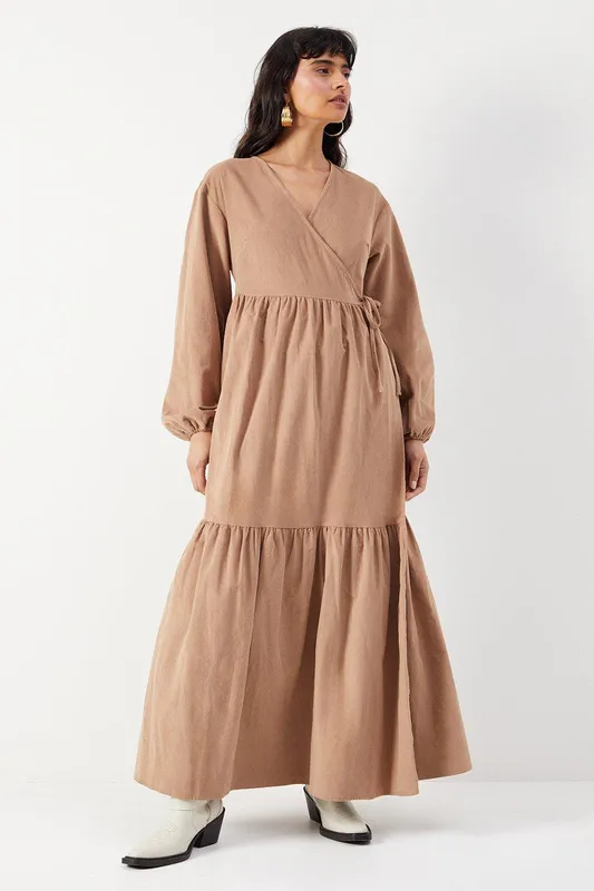 Warehouse Womens Baby Cord Wrap Midi Smock Dress - Taupe Cotton - Size 12 Uk
