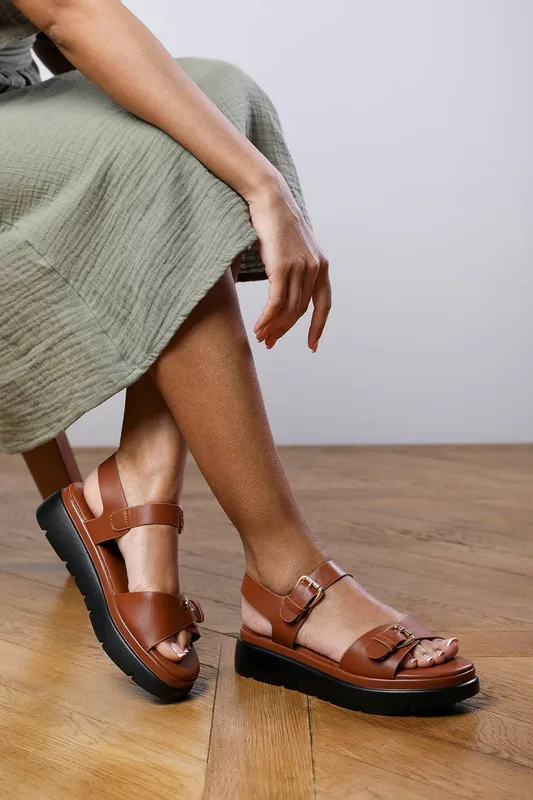 Where's That From Women's 'Andrea' Chunky Buckle Strap Sandal in Tan Size: 4 Tan 4