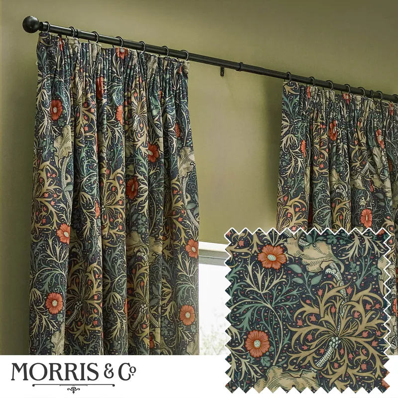 William Morris/Morris & Co Morris & Co. Seaweed Printed Velvet Ready Made Pencil Pleat Curtains Indigo
