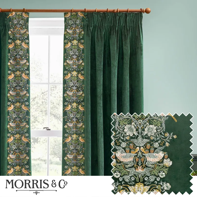 Morris & Co Unisex Strawberry Thief Embroidered Velvet Room Darkening Pencil Pleat Curtain Pair in Green Size: 168cm width x 229cm drop Green female