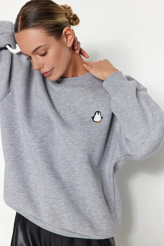 Wovcor Women's Embroidered Animal Fleece Sweatshirt in Grey Size: XS Grey XS