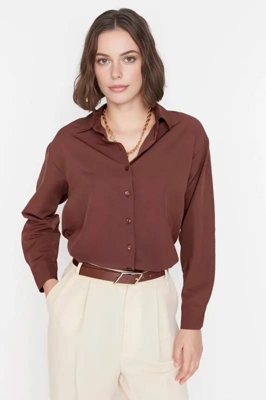 Wovcor Women's Loose Fit Cotton Woven Shirt in Brown Size: 8 Brown 8