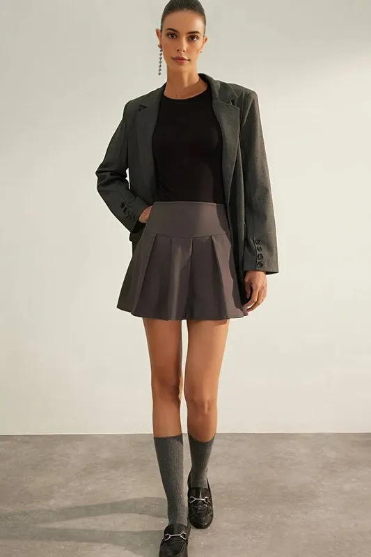 Wovcor Women's Premium Pleated Mini Woven Skirt with Structured Waistband in Dark Grey Size: 10 Dark Grey 10