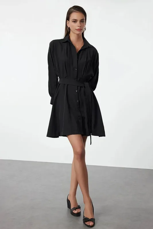 Wovcor Women's Ribbed Pleated Mini Knit Dress in Black Size: 10 Black 10