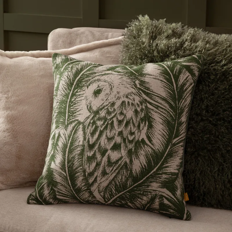 Wylder Nature Albus Barn Owl Floral Cushion in Green Size: 45 cm x 45 cm Green 45 cm x 45 cm