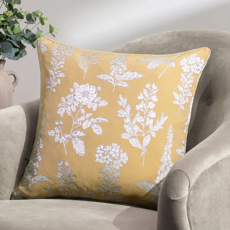 Wylder Nature Sophia Botanical Embroidered Cushion in Gold Size: 50cm x 50cm - Gold - Size: 50cm x 50cm