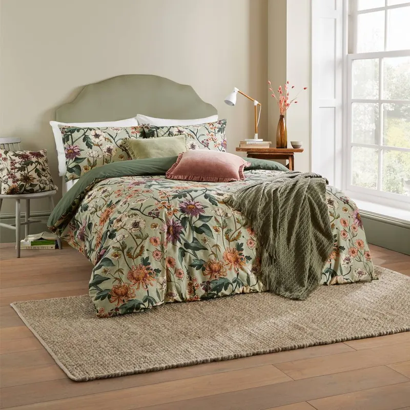 Wylder Nature Wallflower Botanical Duvet Cover Set - Green Polycotton - Size Super King