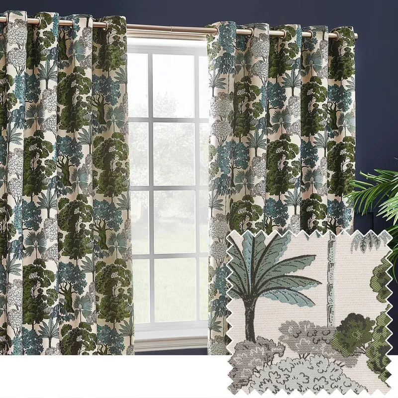 Terrys Wylder Nature Woodlands Floral Jacquard Ready Made Eyelet Curtains Green