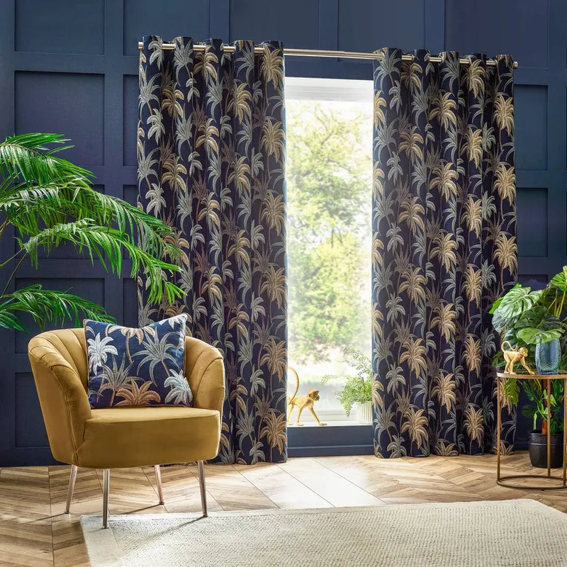 Wylder Tropics Galapagos Jacquard Eyelet Curtains in Navy Size: 117cm width x 137cm drop - Navy