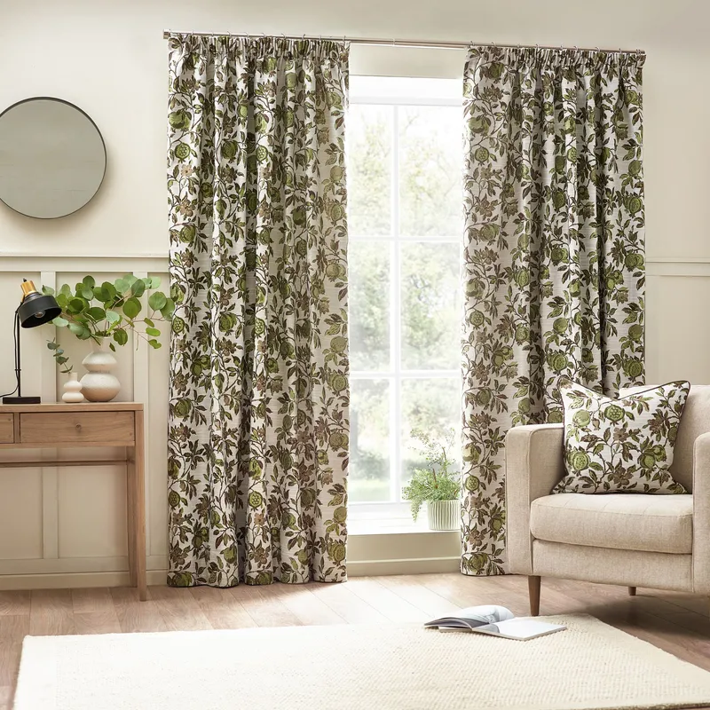 Wylder Tropics Pomegranate Floral Jacquard Pencil Pleat Curtains in Green Size: 168cm width x 137cm drop - Green