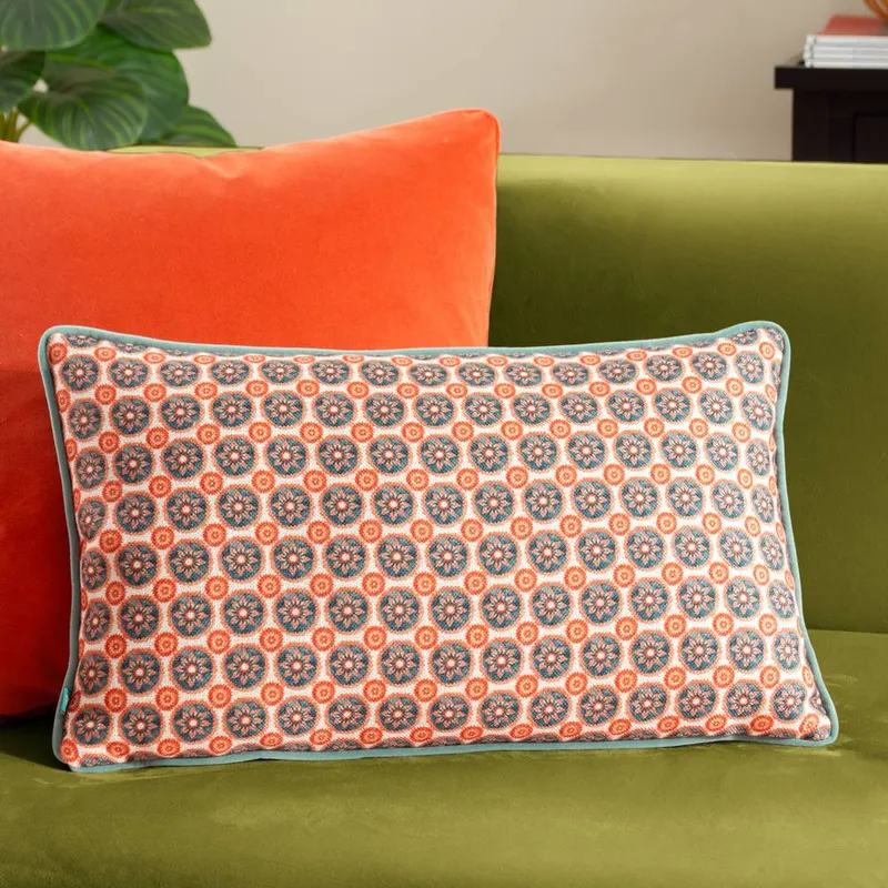 Wylder Tropics Onika Geometric Rectangular Cushion in Blue Size: 30cm x 50cm - Blue - Size: 30cm x 50cm