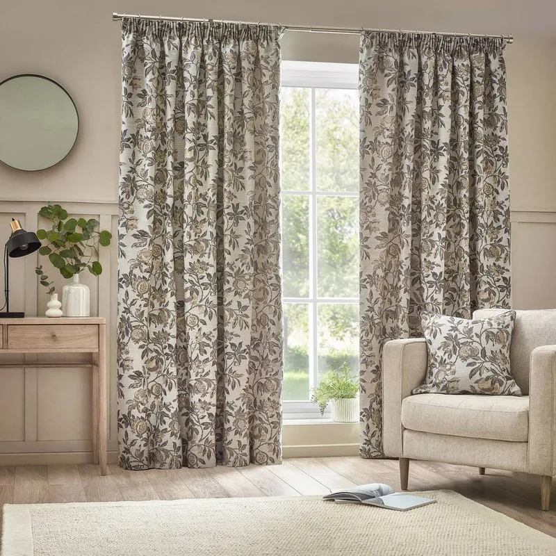 Wylder Tropics Pomegranate Floral Jacquard Pencil Pleat Curtains in Natural Size: 168cm width x 137cm drop - Natural - Size: 168cm width x 137cm drop
