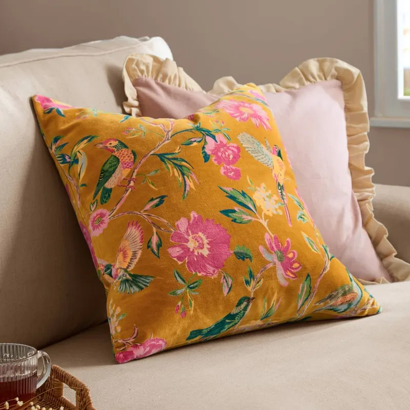 Wylder Aviary 100% Cotton Velvet Cushion in Burnt Orange Size: 50 cm x 50 cm Burnt Orange 50 cm x 50 cm