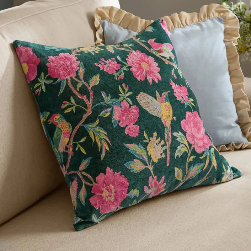 Wylder Aviary 100% Cotton Velvet Cushion in Dark Green Size: 50 cm x 50 cm Dark Green 50 cm x 50 cm