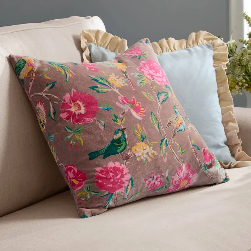 Wylder Aviary 100% Cotton Velvet Cushion in Dusty Pink Size: 50 cm x 50 cm Dusty Pink 50 cm x 50 cm