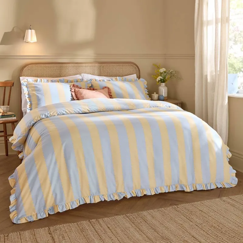 Wylder Birdie Stripe Ruffle Duvet Cover Set in Lemon Size: Double - Lemon