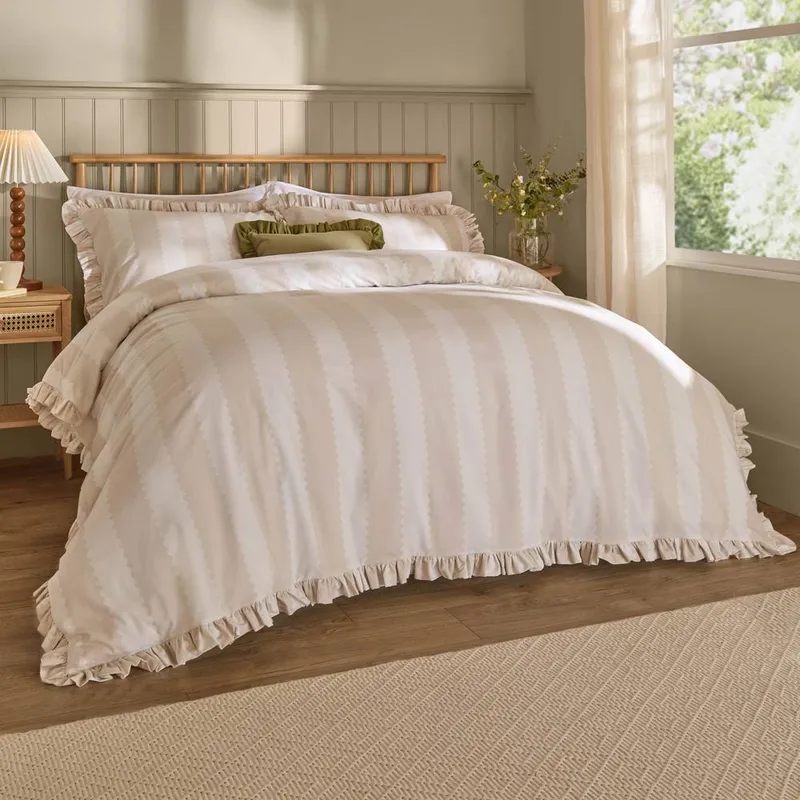 Wylder Birdie Stripe Ruffle Duvet Cover Set in Natural Size: King - Natural
