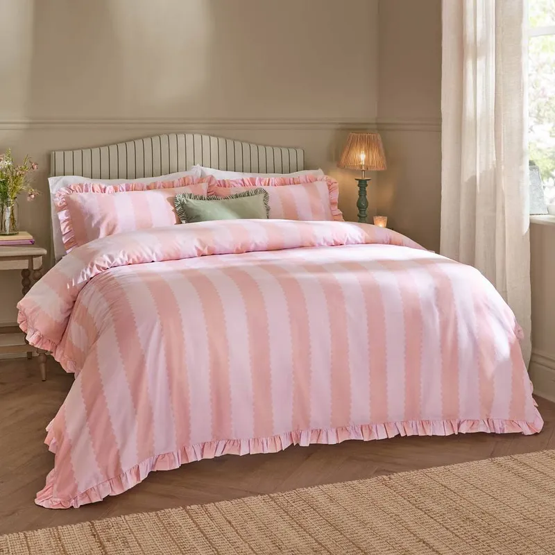 Wylder Unisex Birdie Stripe Ruffle Duvet Cover Set in Raspberry Size: King Raspberry female