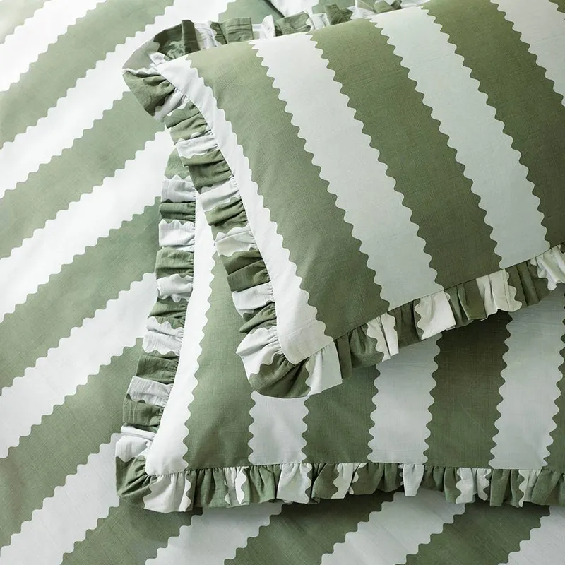 Wylder Unisex Birdie Stripe Ruffle Pillowcase Pair in Jade Size: Standard Jade Standard female