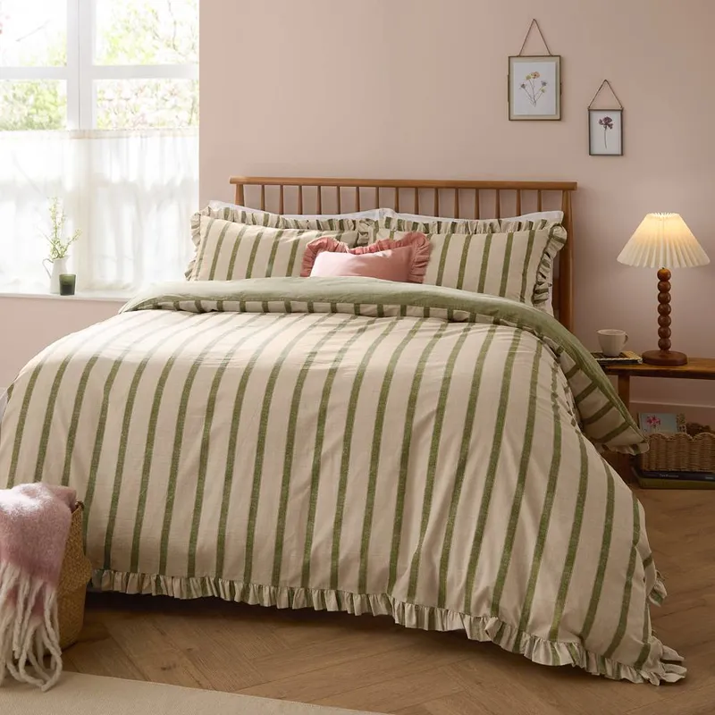 Wylder Connie Striped Ruffle Duvet Cover Set in Olive Size: Double Olive