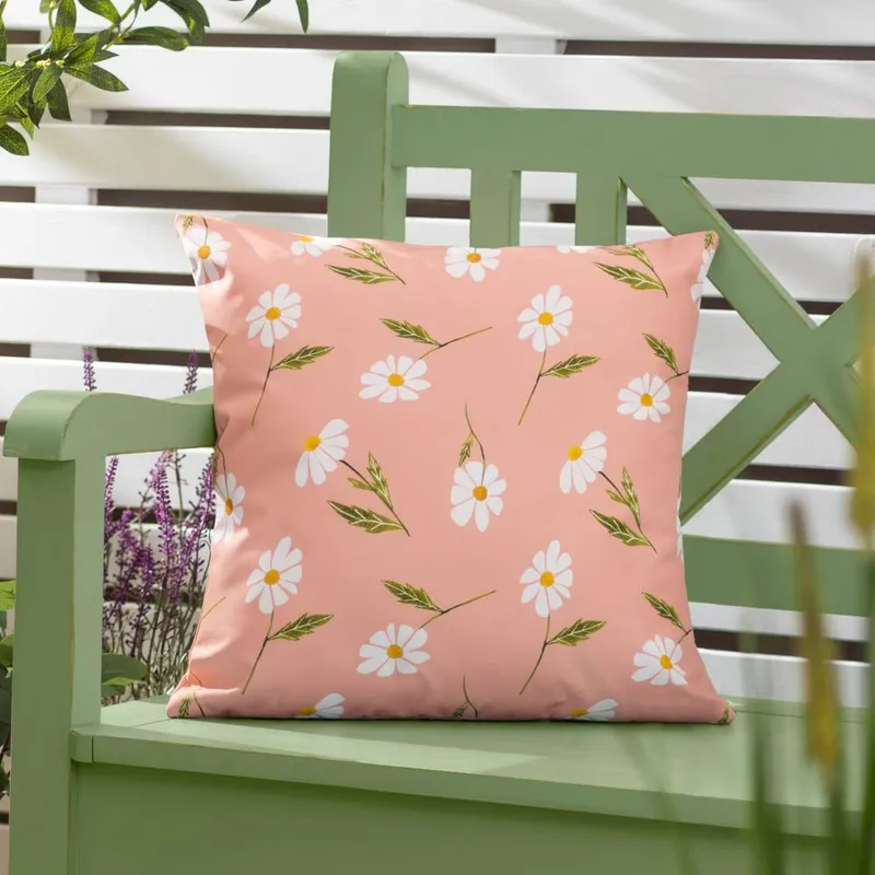 Wylder Daisies Floral Reversible Water & UV Resistant Outdoor Cushion in Pink Size: 43cm x 43cm - Pink