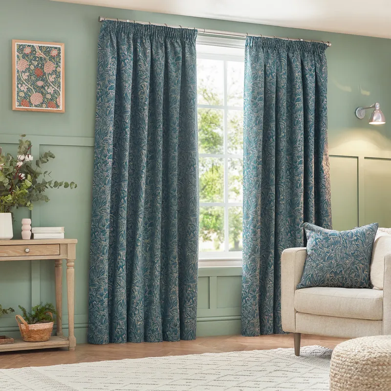 Wylder Grantley Jacquard Pencil Pleat Curtains - Blue - Size 117 Cm X 183 Cm
