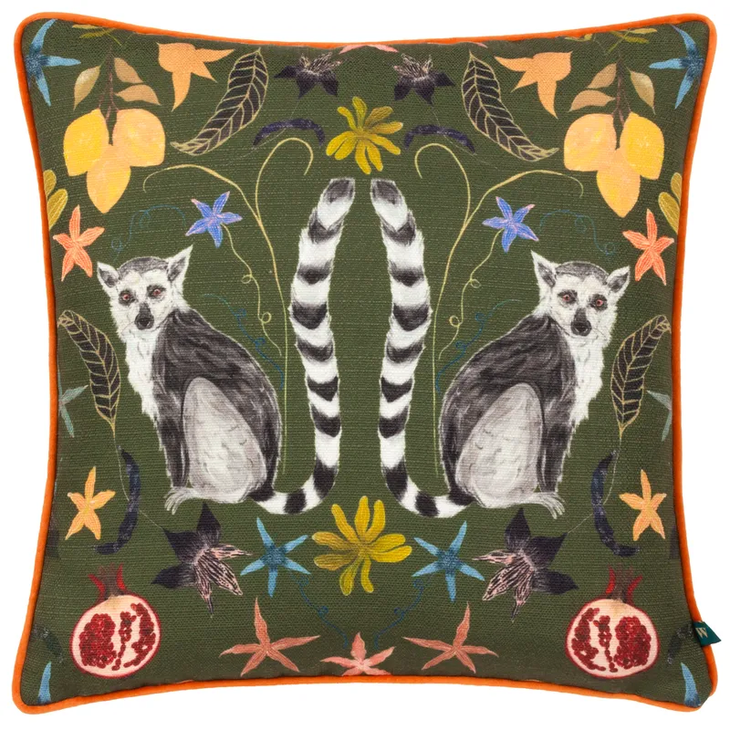 Wylder Lemurs Piped Filled Cushion - Green - Size 43 Cm X 43 Cm